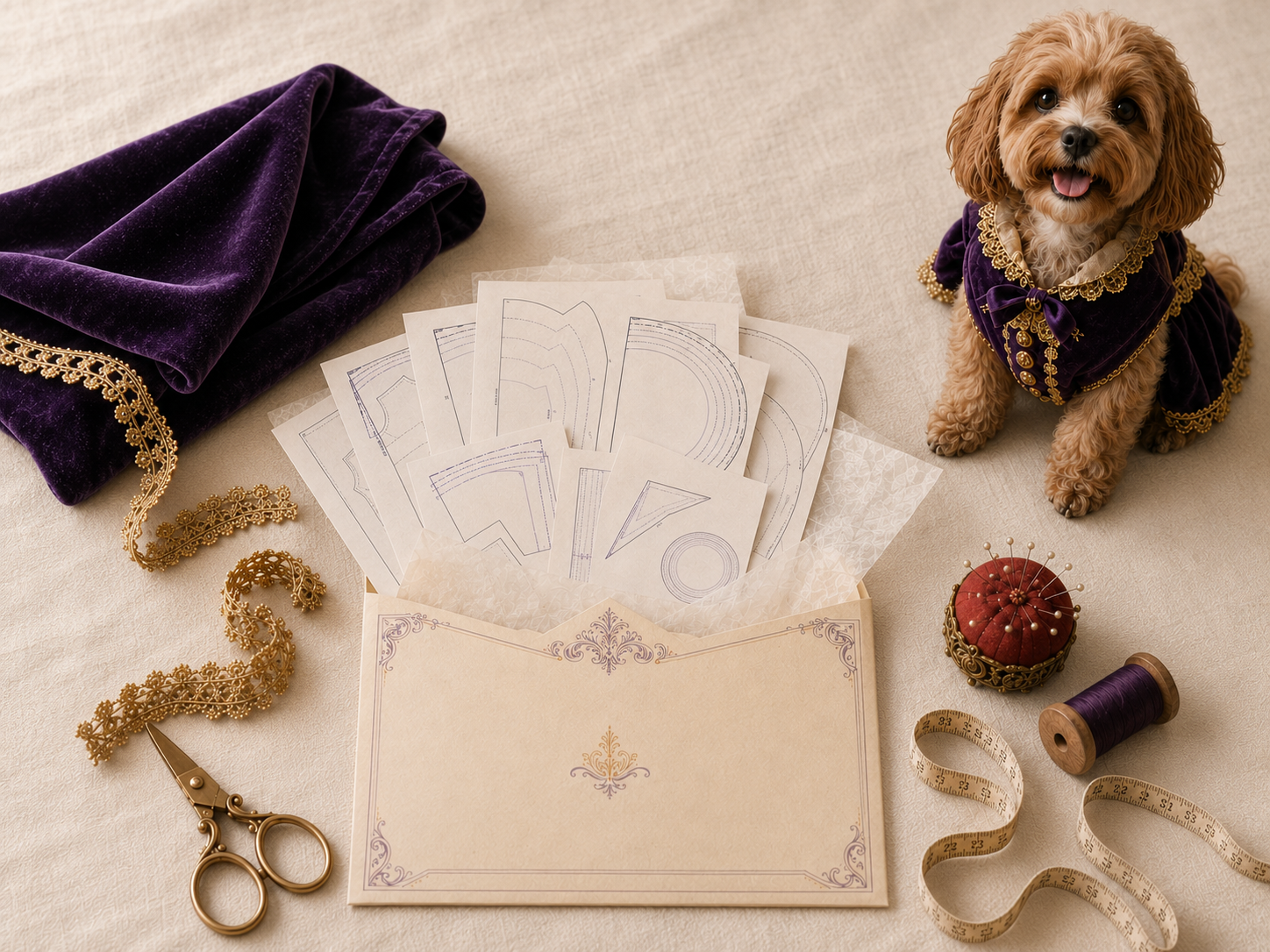 An open Pawparazzi Patterns envelope with printed sewing pattern pieces spilling out, folded purple velvet and gold trim, sewing scissors, pins, thread and a tape measure, beside a happy little dog wearing a finished purple-and-gold costume